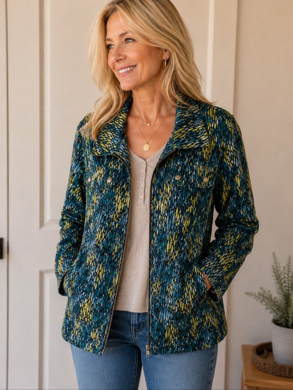Chico's Blue & Green Patterned Full-Zip Lightweight Jacket